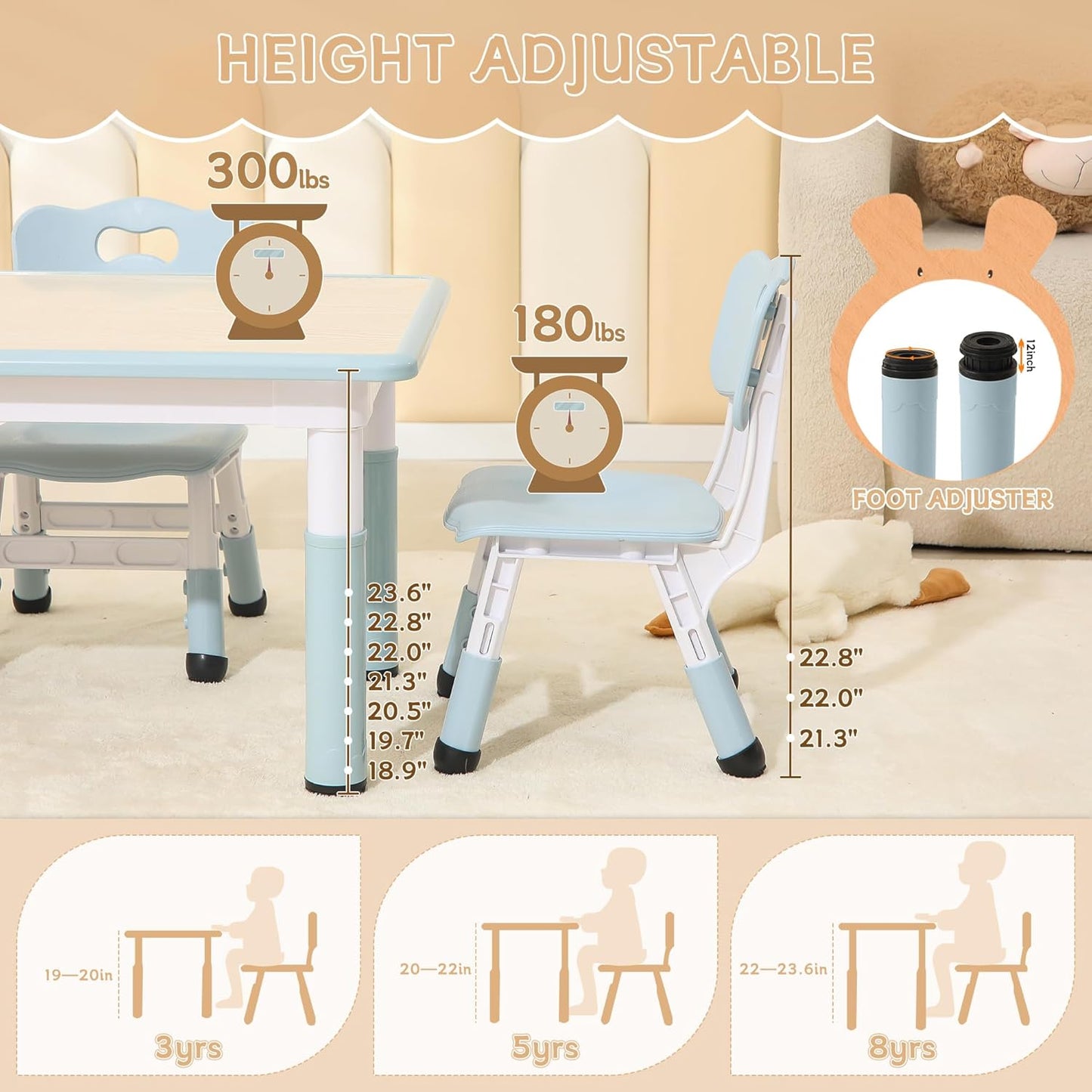 Height-Adjustable Kids Table and Chairs, 31.5''L x 23.6''W Toddler Table and 4 Chairs Set with Anti-Slip Foot Covers, Children Activity Table for Ages 2-10, Graffiti Desktop