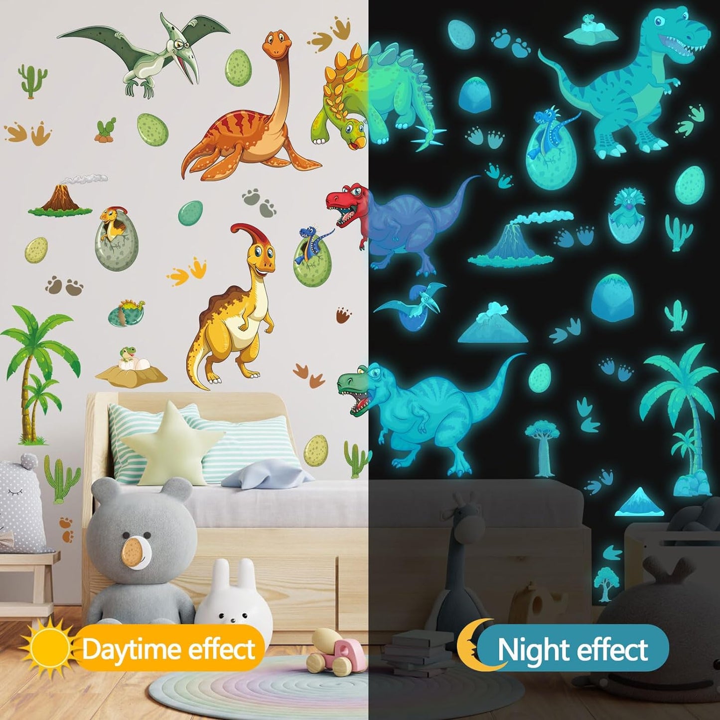 Glow in The Dark Wall Decals - Colorful Large Removable Self-Adhesive Dinosaur Decal for Ceiling, Boys Bedroom, Kids Baby Nursery, Living Room Decoration