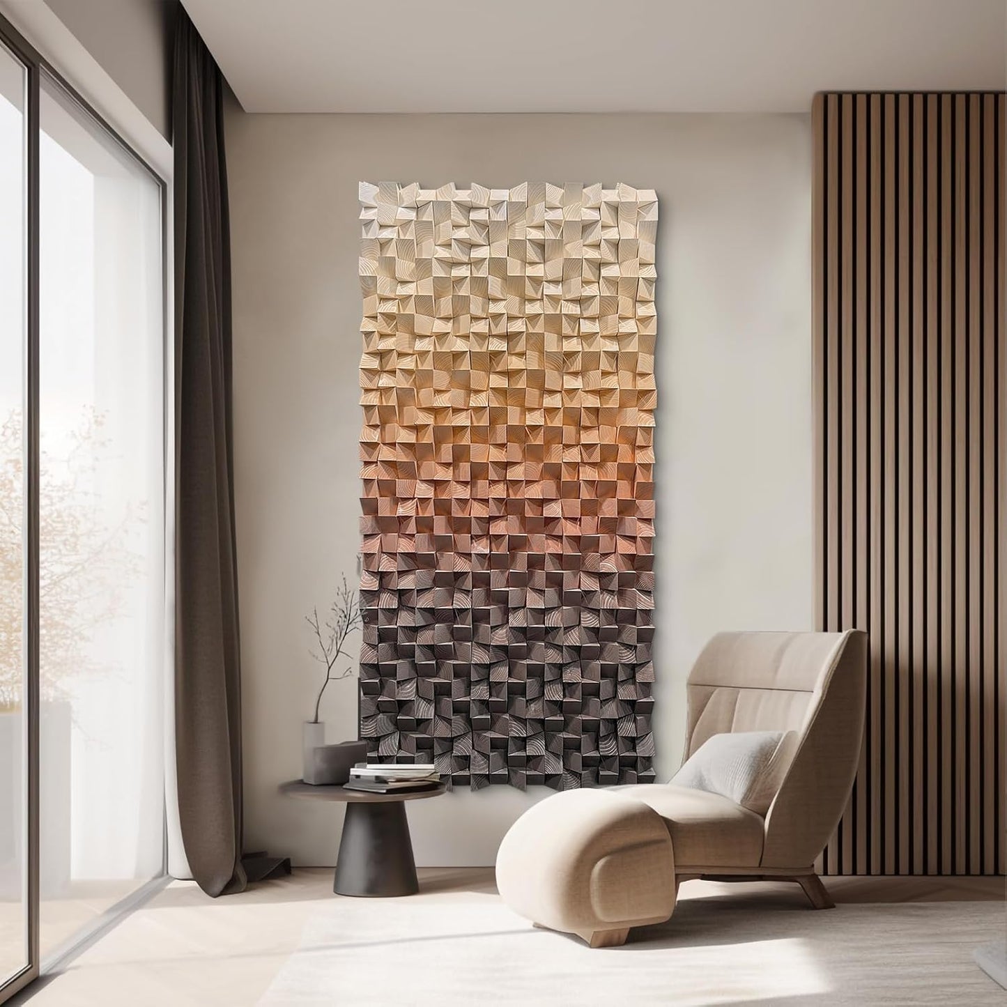 LIUZEYUE - 3D wooden block painting gradient coffee white art background wall wooden block abstract geometric wall decoration living room/bedroom/office modern minimalist style decoration 35.4"x70.8"