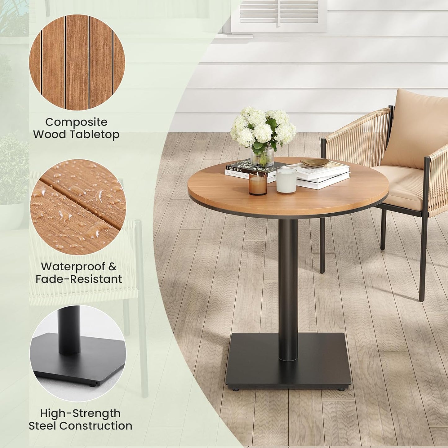 Soohow 5 Pieces Outdoor Dining Set for 4, Patio Table and Chairs Set 4 X Rattan Wicker Patio Chair with Cushions and 1 X Outdoor Table Plastic Wooden Top for Lawn, Deck Backyard, Poolside