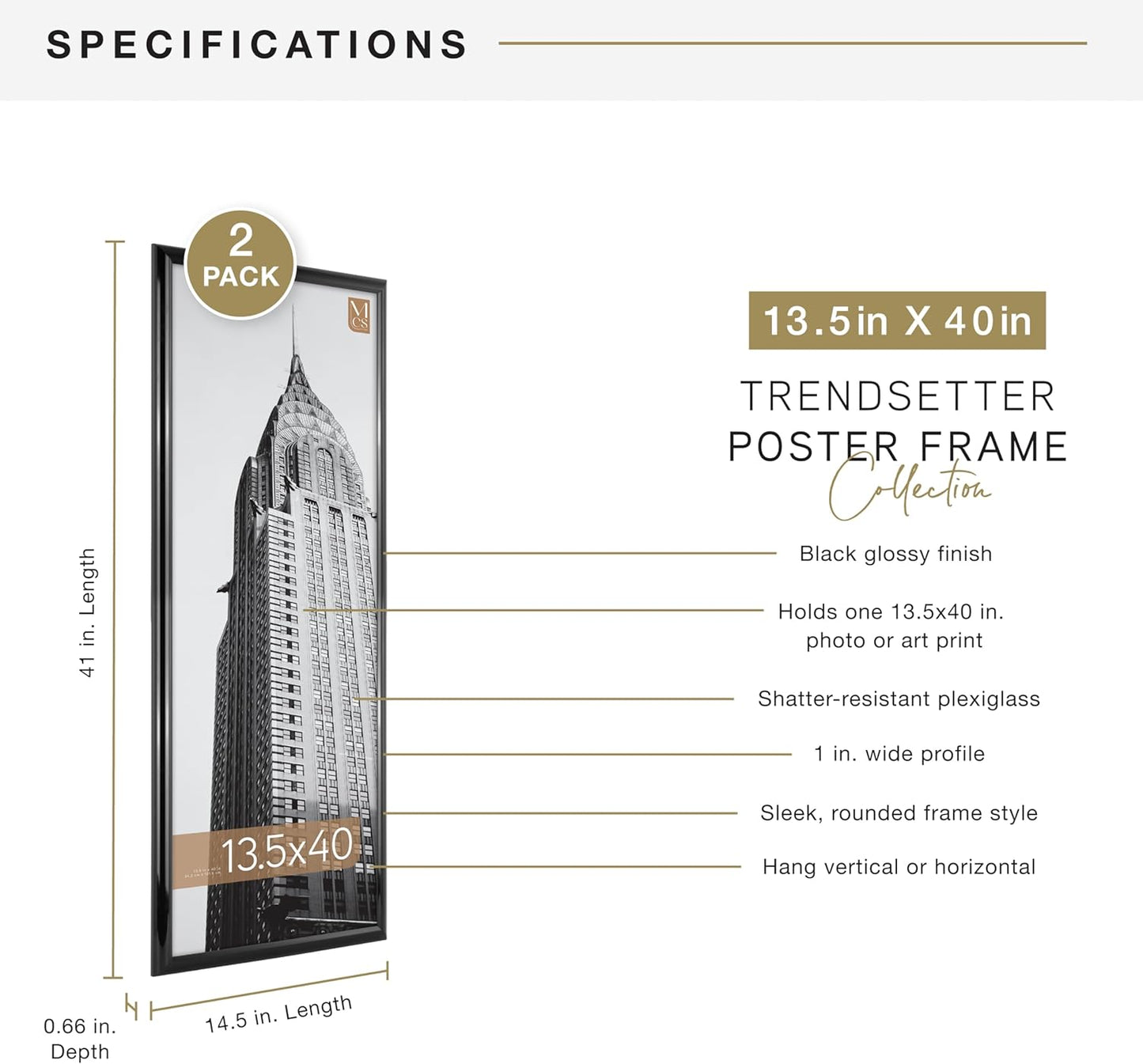 MCS Trendsetter 13.5x40 Poster Frame Black High-Gloss, Vertical & Horizontal Wall Hanging Large Picture Frame for Photos, Posters & Art Prints (2-Pack)