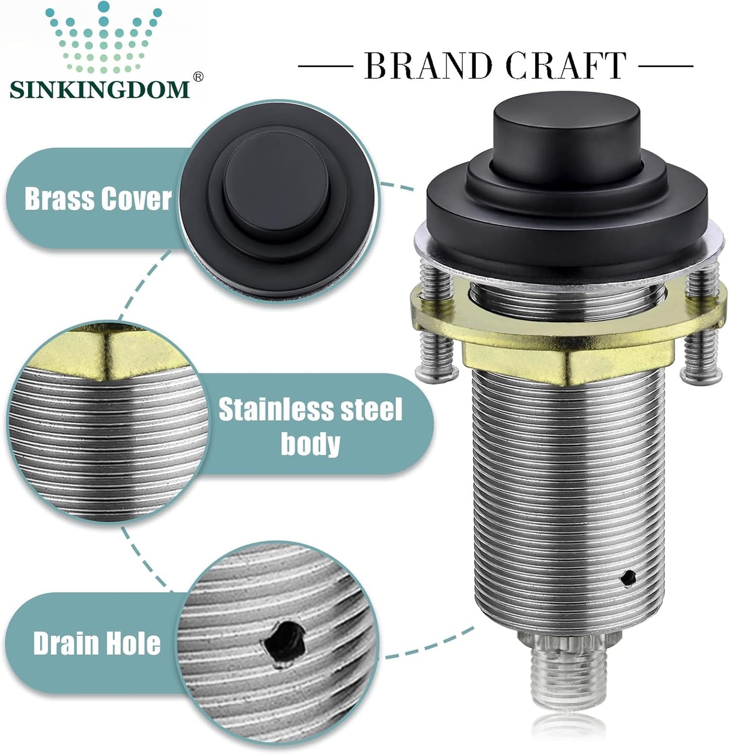 SinkTop Air Switch Kit (Long Full Brass Button) for Garbage Disposal, Cordless Matte Black