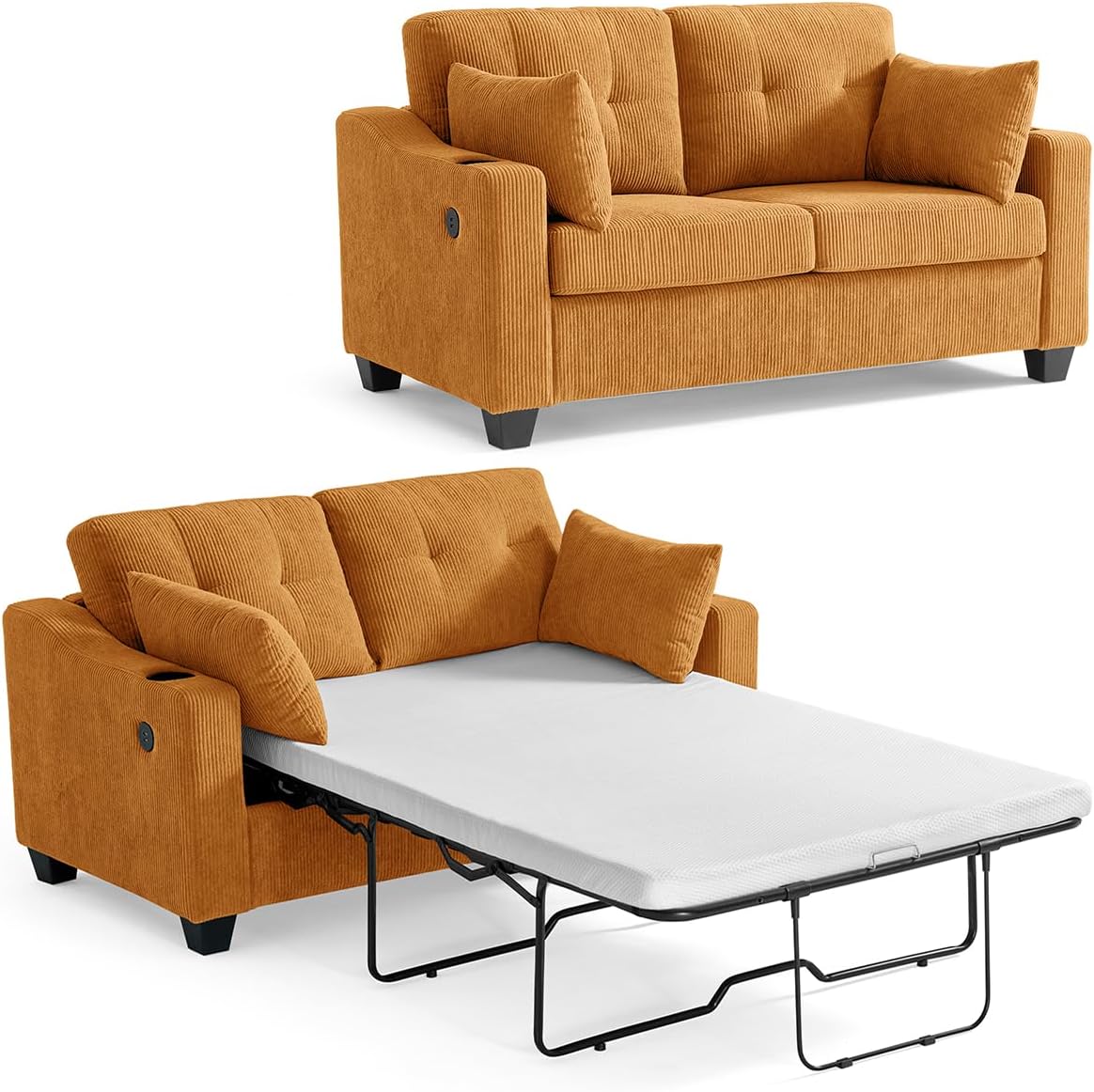 Pull Out Sofa Bed, Full Size Sleeper Sofa, 2-in-1 Convertible Corduroy Couch with USB Charging, Memory Form Couch for Living Room, Apartment and Small Space (Mustard Yellow, Corduroy - Full Size)