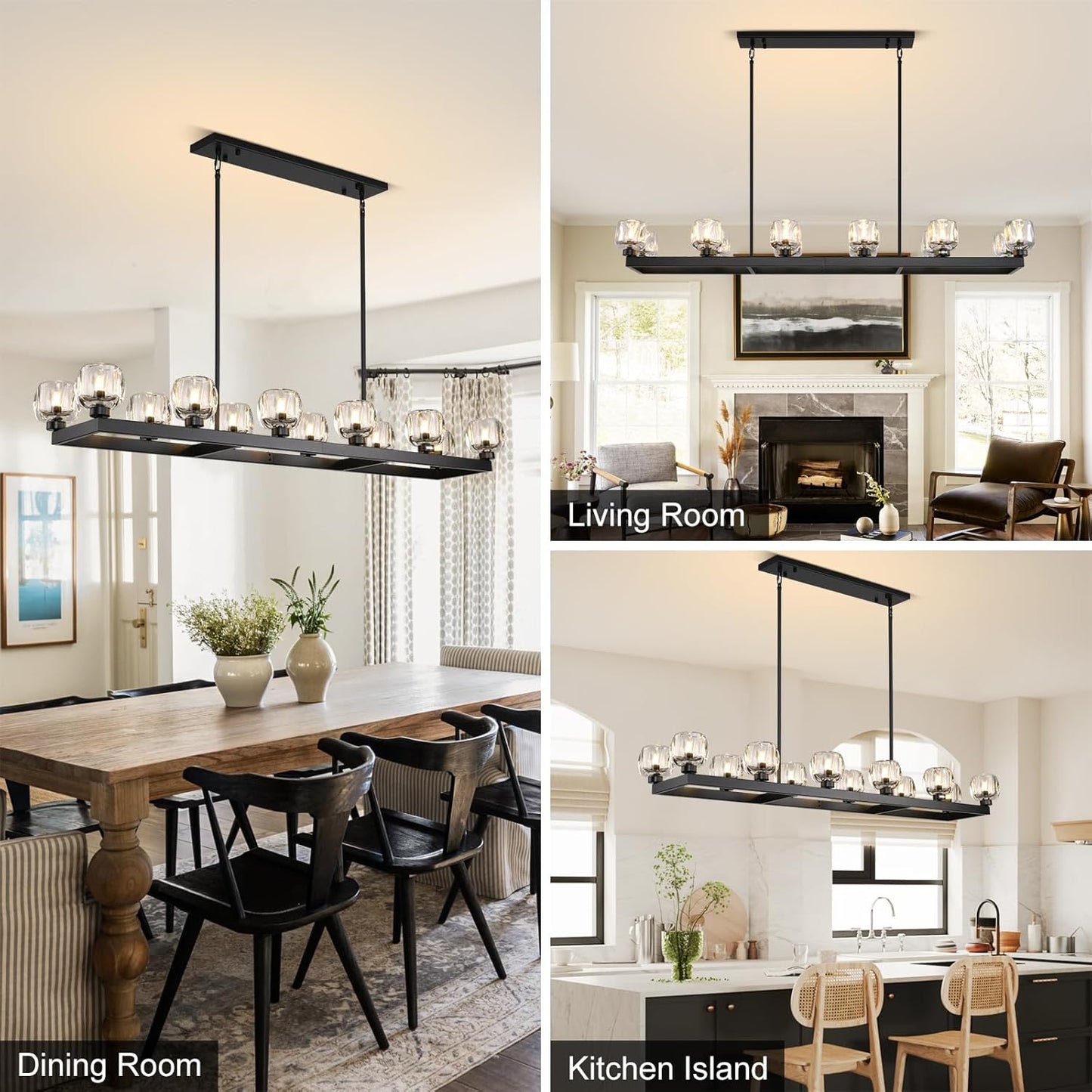 59 Inch Black Rectangle Wagon Wheel Chandeliers, Black Chandelier for Dining Room Over Table, Modern Crystal Long Chandelier, Farmhouse Large Linear Chandeliers for Kitchen Island