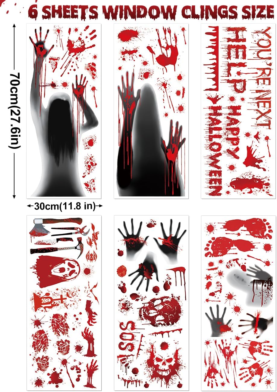 Wohohoho 11 Sheets/202 Pcs Bloody Halloween Decorations Set. 2 Giant Spooky Door Cover, 6 Sheets Horror Window Clings, 3 Sheets Scary Floor Stickers, Halloween Party Wall Decal Bedroom Inside Decor