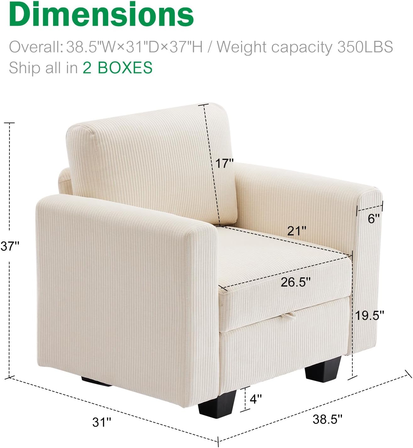 38.5 Oversized Accent Chair with Storage Ivory Corduroy Set of 2, Single Modern Accent Sofa with Arms Chair for Apartment Living Room (21" Deep Seat)