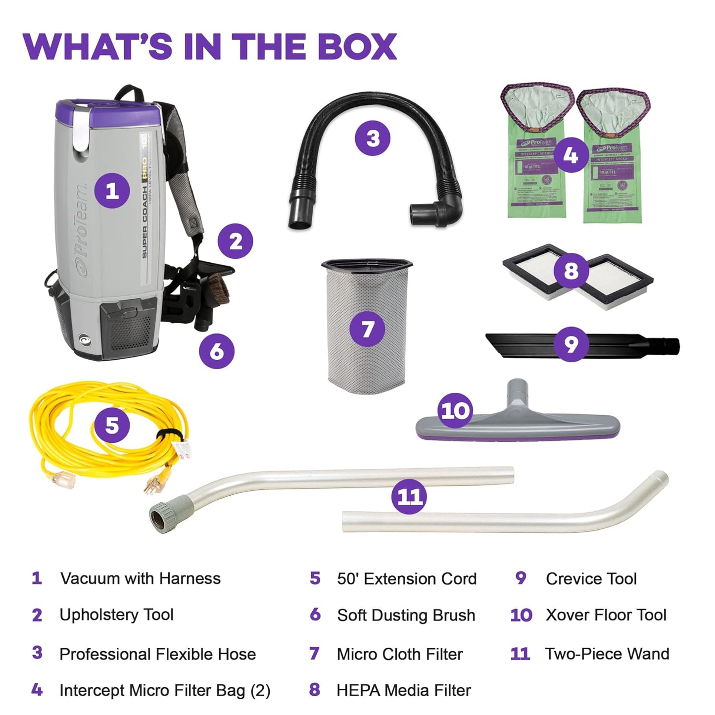 ProTeam Super Coach Pro 10 Backpack Vacuum Commercial with 2 Piece Wand Tool Kit, 10 Quart, Corded, 107304