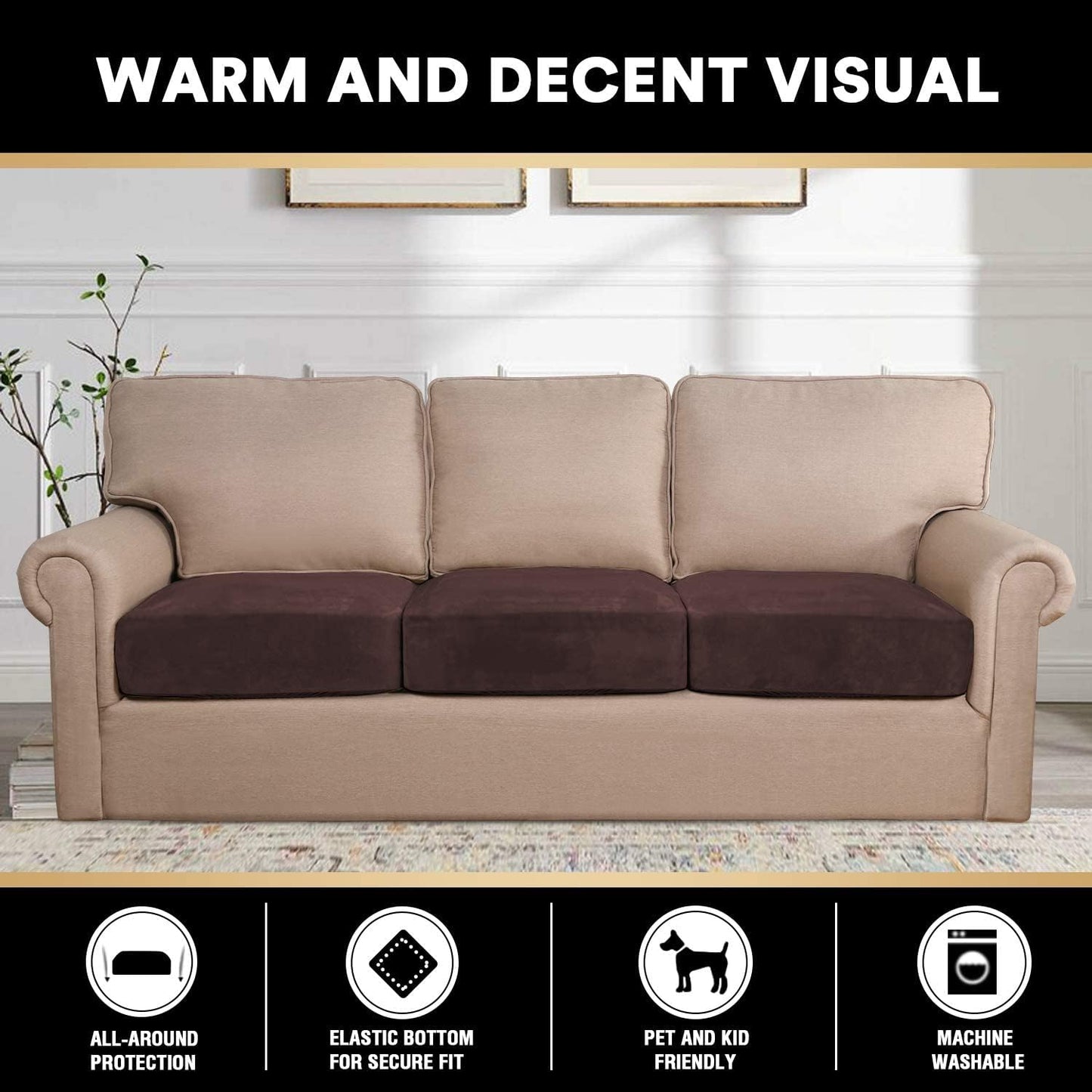 PrinceDeco Velvet Couch Cushion Covers 3 Pieces Velvet Separate Couch Cover Stretch Sofa Slipcover Washable Furniture Protector for Sectional Sofa Each Width Up to 40", Brown