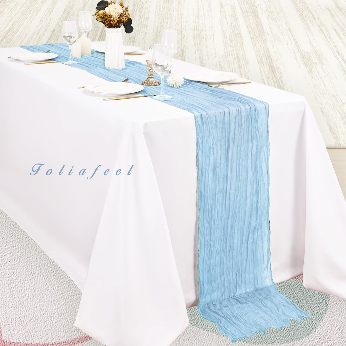 6 Pack Baby Blue Cheesecloth Table Runner 20 x 120 Inch Long Rustic Gauze Cheese Cloth Table Runner for Wedding 10FT Bridal Baby Shower Table Decorations Boho Fabric Sheer Birthday Party Table Decor