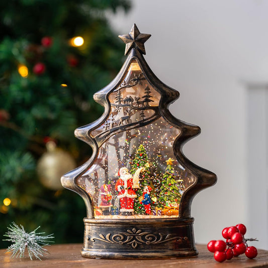 Christmas Snow Globe Lantern Water Glittering Santa's List with Music& Timer, USB Lined/Battery Operated Lighted Lantern for Christmas Festival Decoration Gifts （Santa）