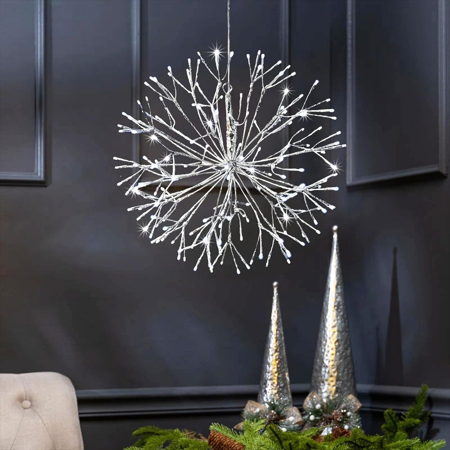 Christmas led Sparkle Ball Hanging Outdoor décorations -Haning Twig Ball,Snowflake Ornament Lights Indoor Outdoor Festive Holiday Décor 24Inch (Cool White)