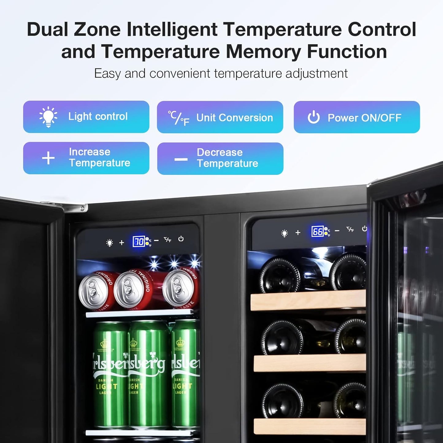 Tylza Wine and Beverage Refrigerator, 24 inch Dual Zone Wine Beverage Cooler Built-in and Freestanding, with Seamless Stainless Steel Door Quick Cooling Under Counter Beer Wine refrigerator