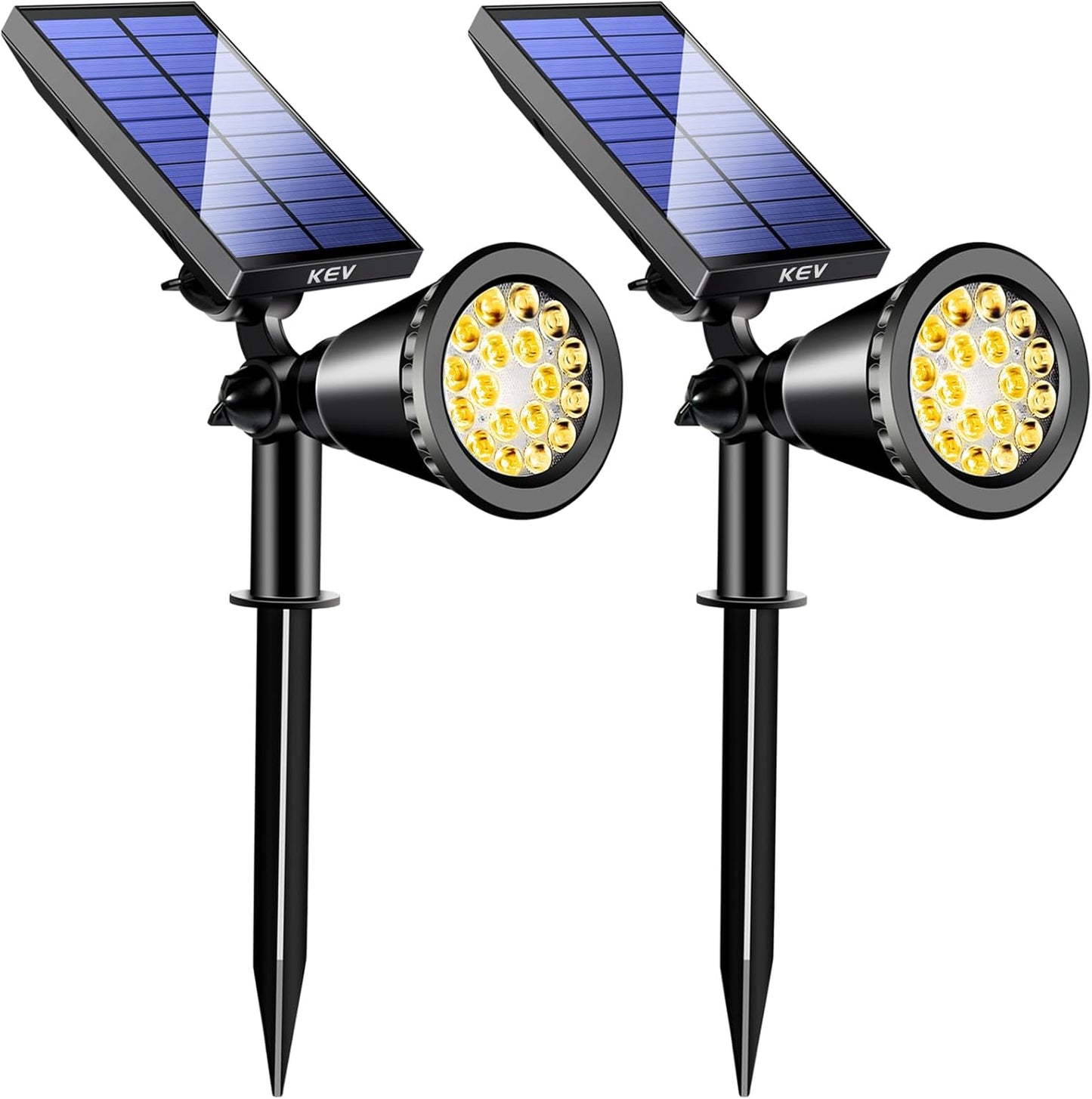 KEV 800 Lumens Solar Spot Lights Outdoor,18 LEDs Solar Flood Lights with 2 Modes &Adjustable &IPX65 Waterproof,Solar Spotlight for Driveway/Backyard/Patio Landscape/Tree/Garage(Warm White,2 Pack)