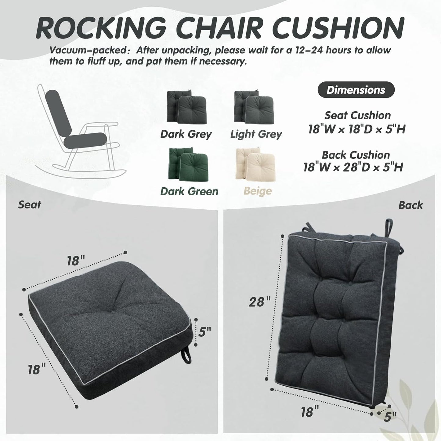YZ HOME Rocking Chair Cushion, Set of Thicken Seat & Back Chair Cushions with Memory Foam, Non-Slip Chair Pad with Ties for for Indoor&Outdoor Rocker, Dark Grey, 28 * 18 * 5/18x18x5