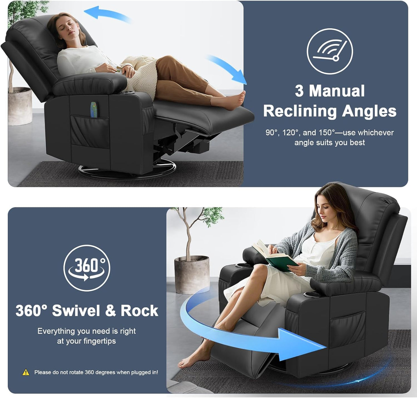 Recliner Chairs with Recliner Side Table End Table for Adults, Massage Rocker, USB Ports, 360 Degree Swivel Single Sofa Seat Living Room