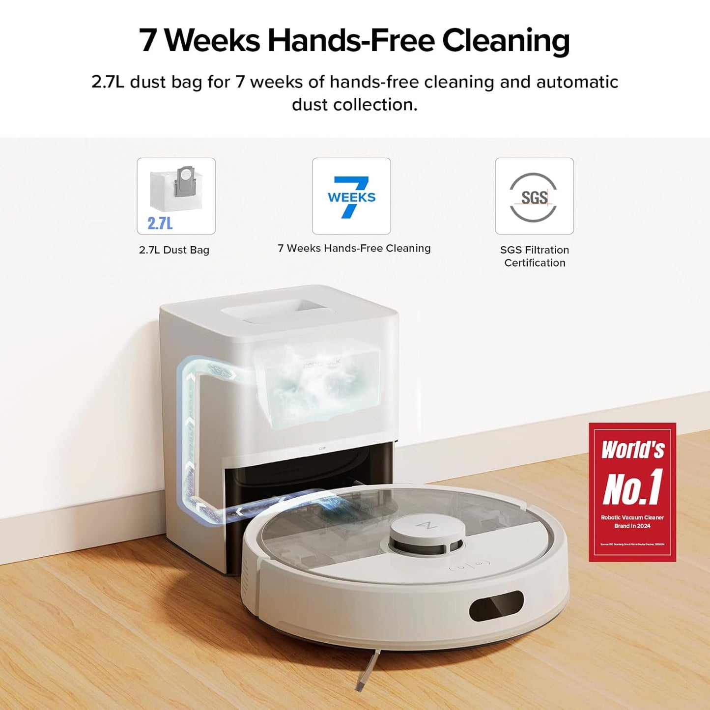 roborock Q7 M5+ Robot Vacuum and Mop, Upgraded from Q5 Max+, 7 Weeks Self-Emptying, 10000Pa Suction, Dual Anti-Tangle System, for Pet Hair & Carpet, PreciSense LiDAR Navigation, App Control, White