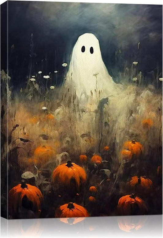 Halloween Canvas Wall Art, Spooky Ghost in Pumpkin Patch Poster, Vintage Gothic Fall Decor, Dark Academia Fall Decor for Living Room, Framed Indoor Halloween Decorations