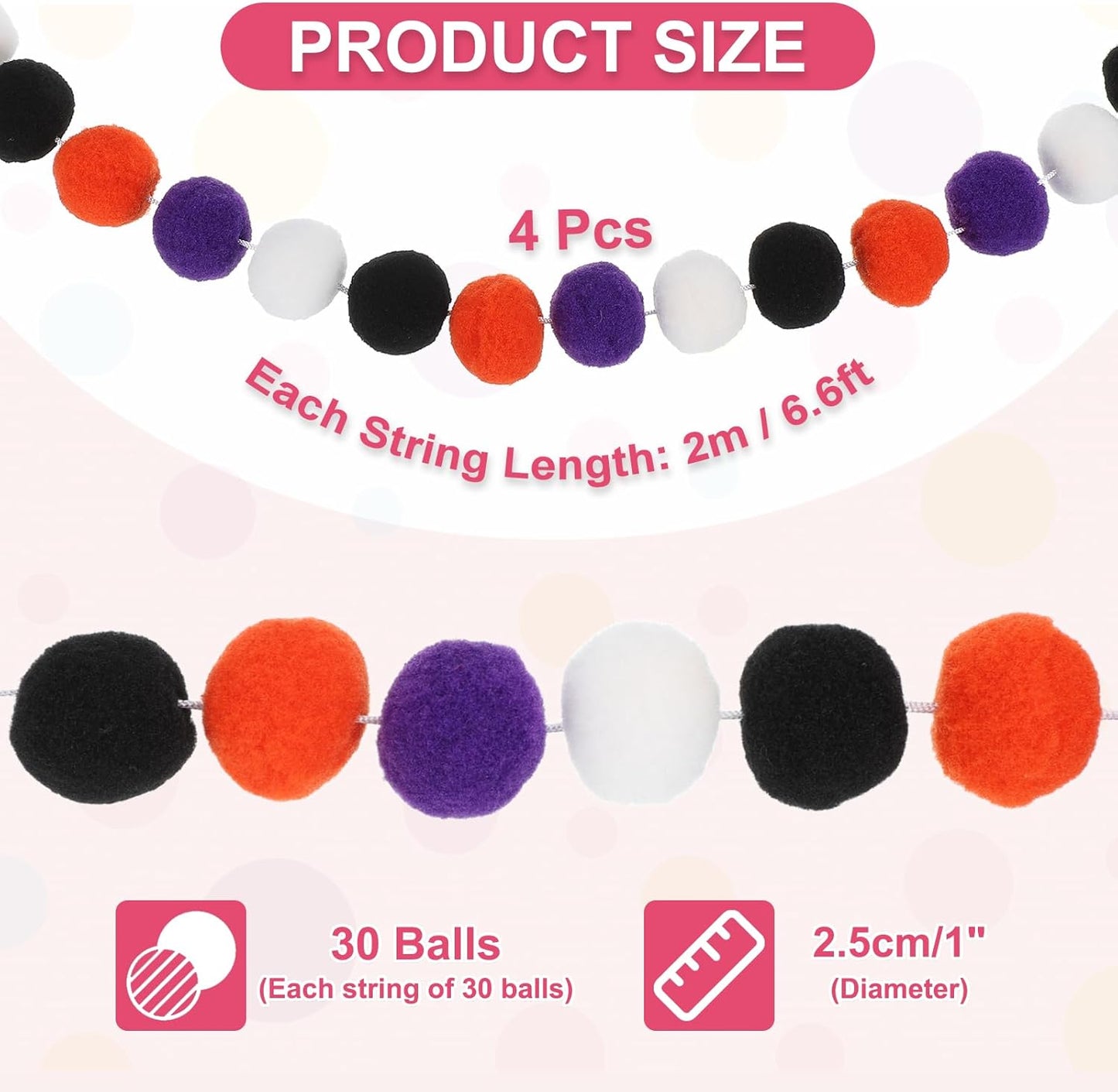 PATIKIL 26Ft Pom Pom Garland Decorations, 4Pcs Colorful Felt Ball Garland Banner Cute Rainbow Pompom Hanging Decorations for Tree Ornaments Homes Decor, Orange/Black/Purple/White