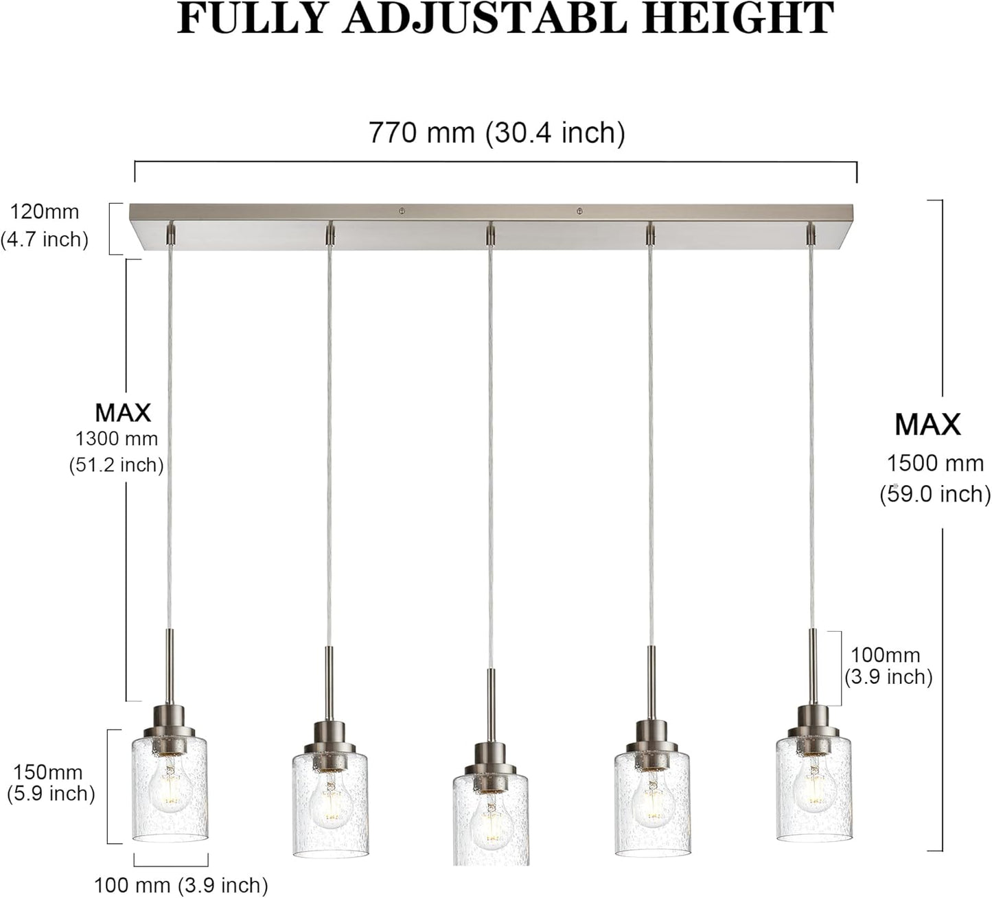 Lighting Contemporary Brushed Nickel Linear Chandelier Pendant Light 5 Lights Clear Seeded Glass Farmhouse Pendant Lighting Modern Dining Room Light Fixture for Living Room Kitchen Island