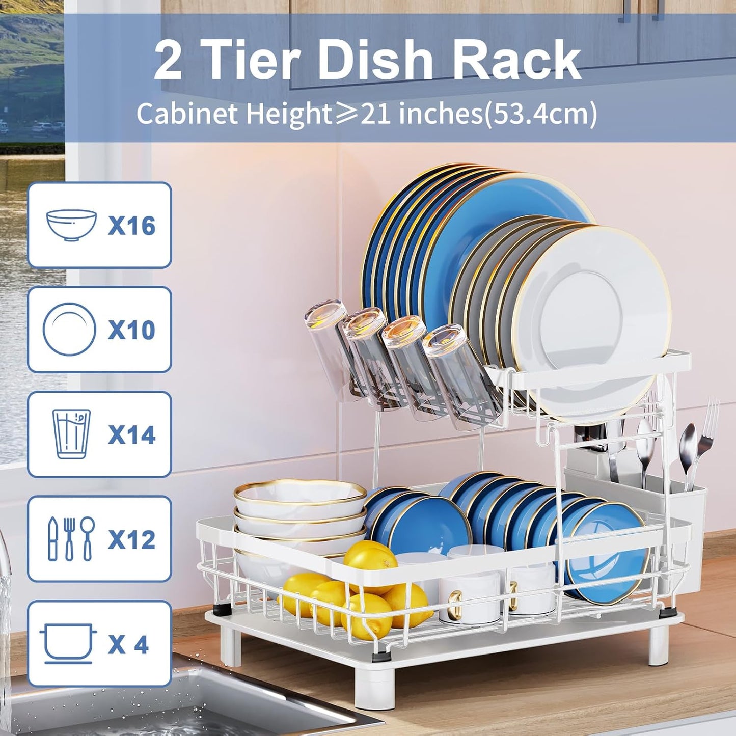 MOUKABAL Dish Drying Rack, 2 Tier Dish Rack, Large Dish Racks for Kitchen Counter, Dish Drainer with Removable Utensil Holder, Drainboard (White)
