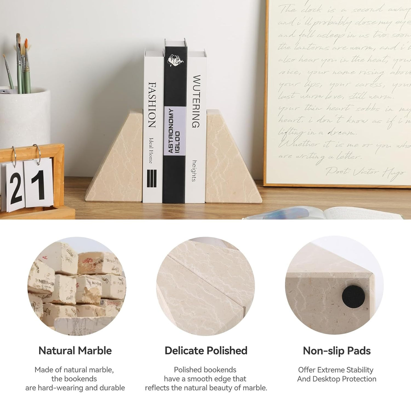 Marble Bookends for Heavy Books, Decorative Book Ends for Shelves, Durable and Heavy-Duty Stone Bookends for Hardback Book & CDS, Unique Book Stopper & Holder, New Jura Beige-Vein, Set of 2