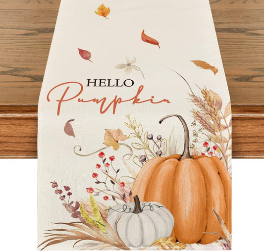 Artoid Mode Hello Pumpkin Flowers Leaves Thanksgiving Table Runner, Seasonal Fall Harvest Vintage Kitchen Dining Table Decoration for Indoor Outdoor Home Party Decor 13 x 36 Inch