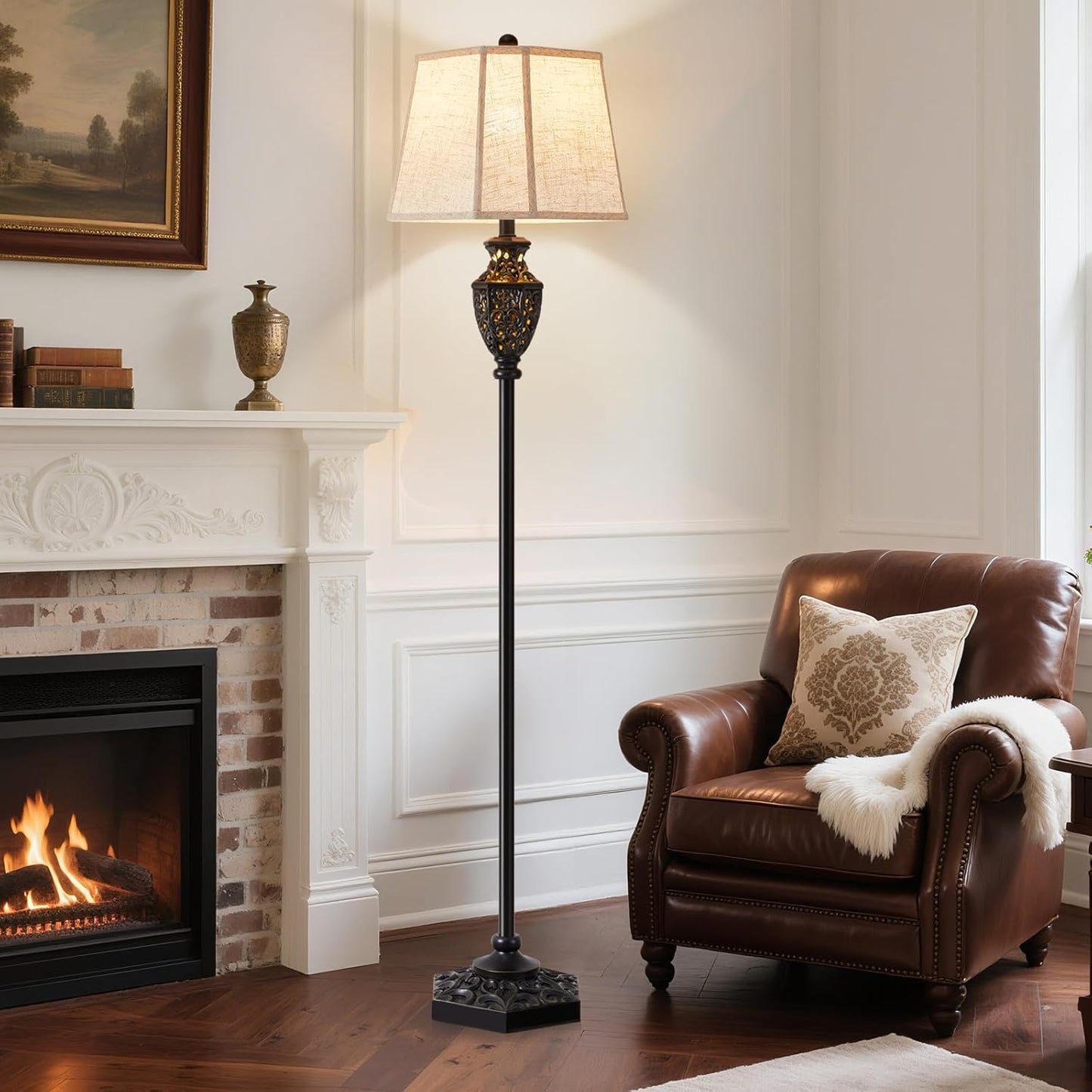 Luvkczc Vintage Black Floor Lamp - Hand-Painted Gold Resin with 6-Sided Carved Hollow Nightlight, Traditional Standing Lamp for Living Room, Bedroom, Study (Bulb Included)