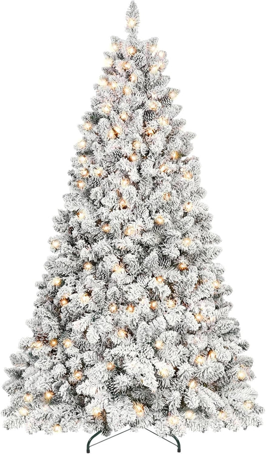7ft Prelit Flocked Christmas Tree, Frosted Artificial Christmas Tree with 500UL Lights, Pine Cones & 1124 Tips, Auto Hinged Easy Setup Full Prelighted Fake Christmas Tree
