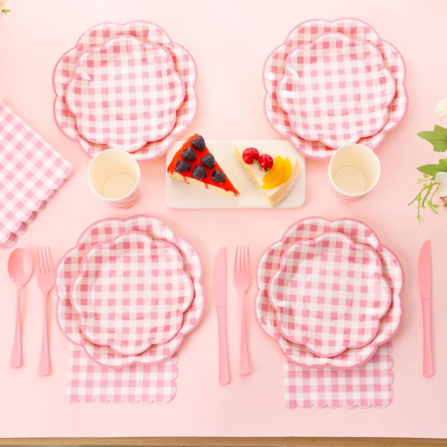 350 Pcs Pink Gingham Plates and Napkins Party Supplies - Pink and White Checkered Plates Sets Serve 50 Guests - Scalloped Gingham Paper Plate for Birthday Wedding Picnic Party Decorations