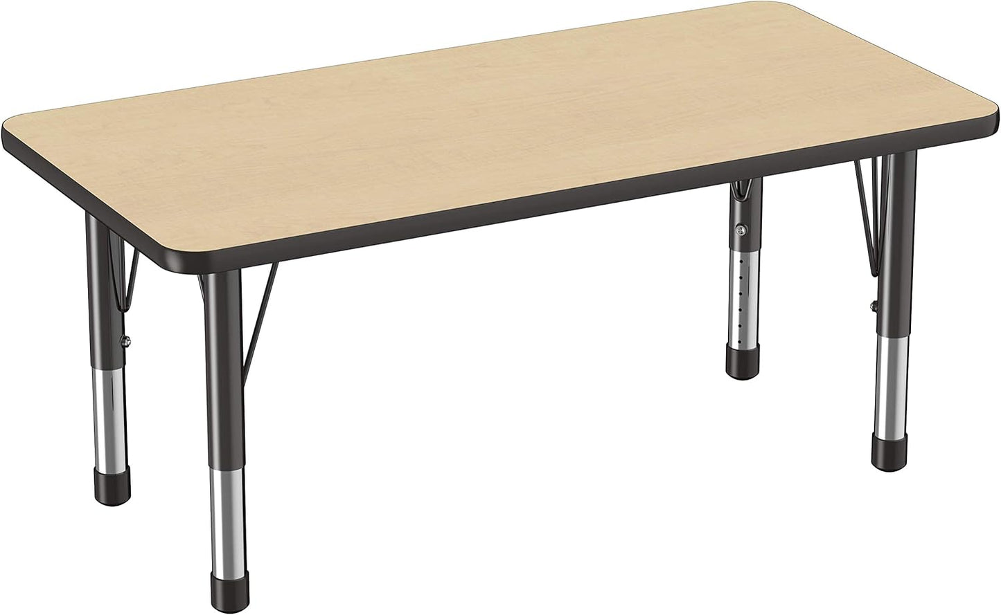 FDP Rectangle Activity School and Kids Classroom Table (24 x 48 inch), Toddler Legs, Adjustable Height 15-24 inches - Maple Top and Black Edge