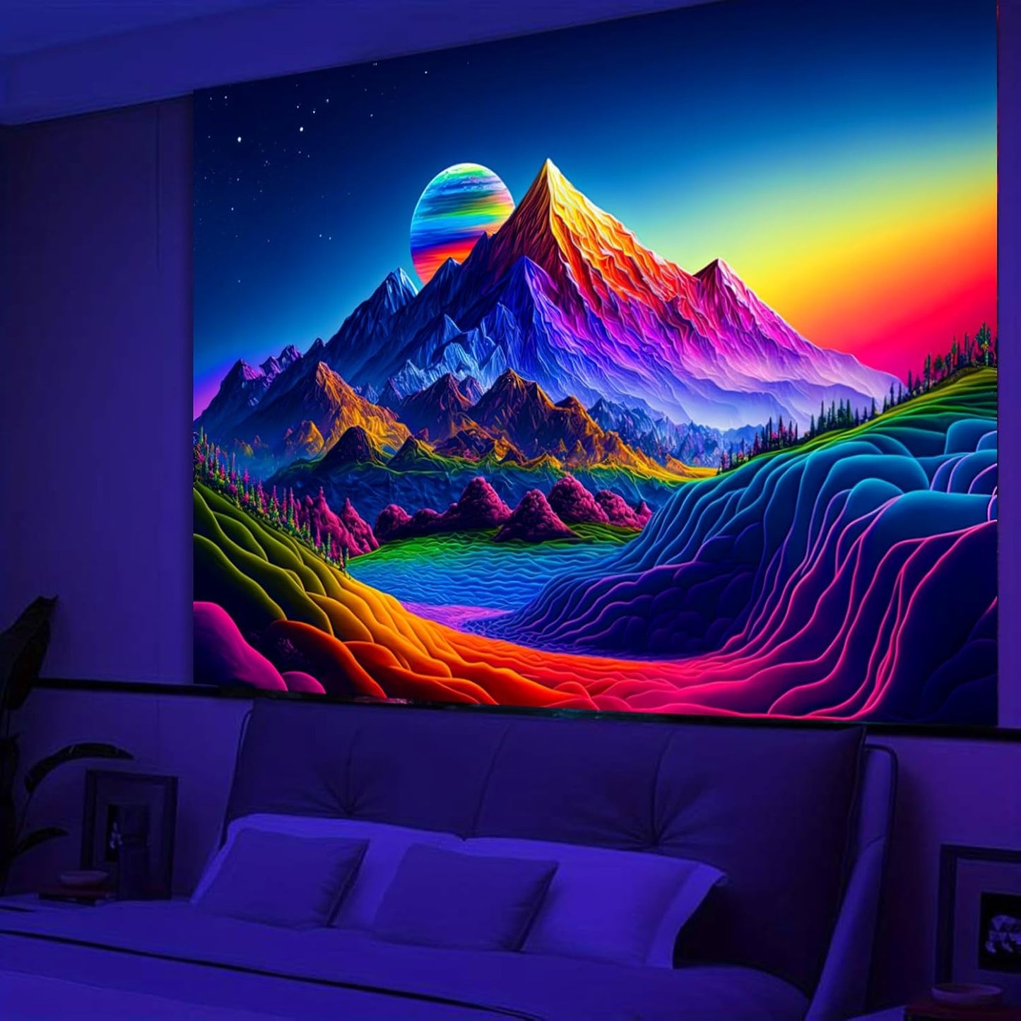 SparkLia Sunset Mountain Tapestry, Blacklight Colorful Forest Lake UV Reactive Tapestry, Neon Glow in the Dark Starry Stars Nature Landscape Wall Hanging Tapestries for Bedroom - 51.2" x 59.1"