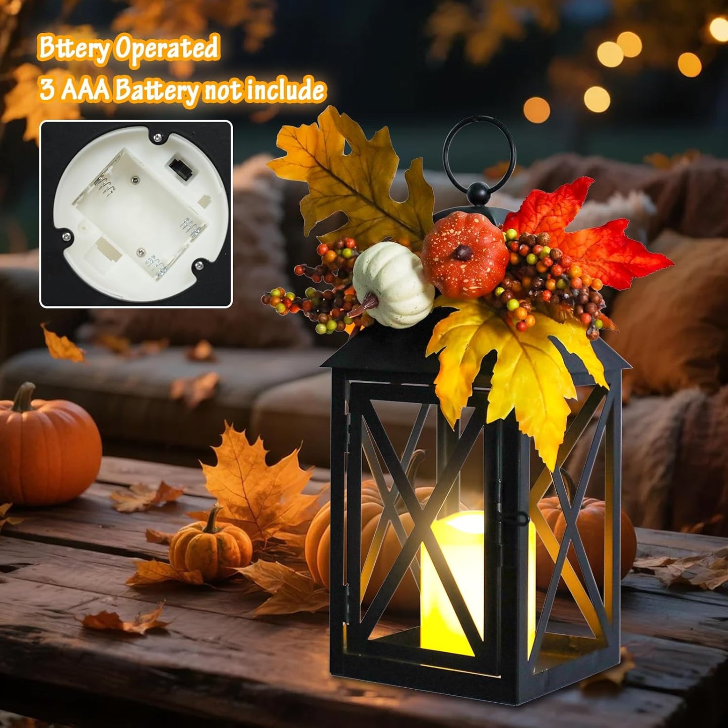 Fall Decor Lantern for Home, Large Decorative Lanterns Outdoor Waterproof 12" Battery Powered Decorative Lanterns Metal Hanging LED Candle Holder, Flameless Candle Lantern for Indoor 2 Packs