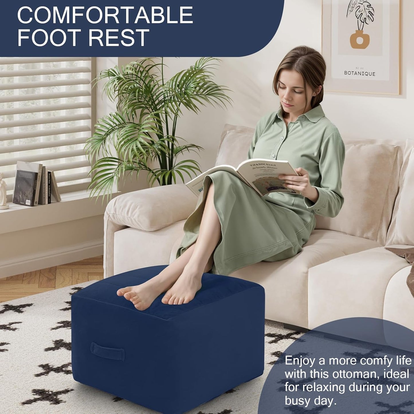 MeMoreCool Square Stuffed Pouf Ottoman Foot Rest, Floor Pouf Foot Stool with Foam Chunk Filling, Soft Stuffed Ottoman Footrest for Living Room, Navy