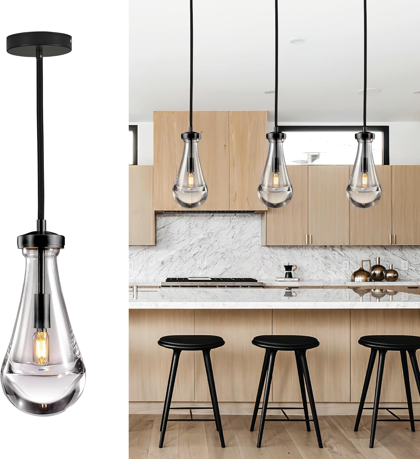 Raindrop Pendant Light Fixtures Set of 3, Black Glass Pendant Lighting, Hand BlownTeardrops Modern Hanging Light for Entryway Foyer Kitchen Island Dining Living Room Hallway