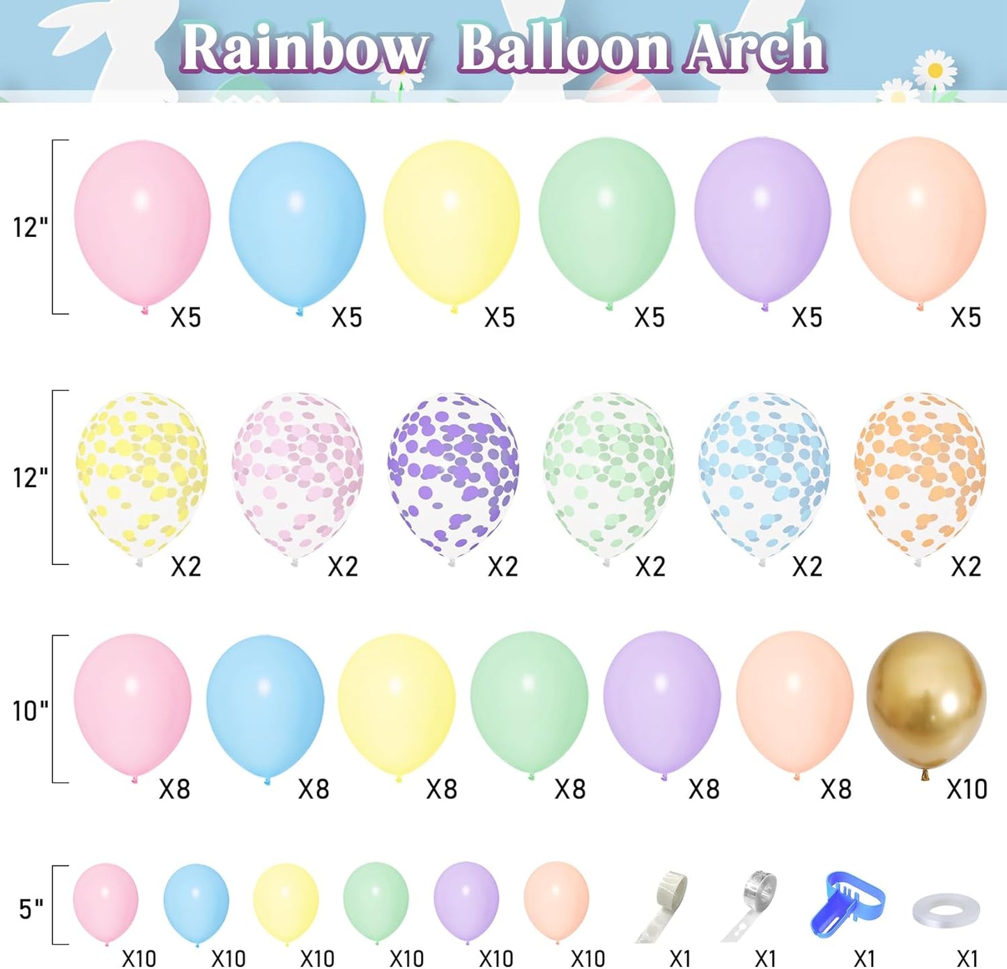 Amandir 164PCS Pastel Balloon Garland Kit, Rainbow Easter Unicorn Balloon Arch, Colorful Gold Confetti Balloons for Pastel Easter Baby Shower Wedding Ice Cream Mermaid Party Decorations Supplies