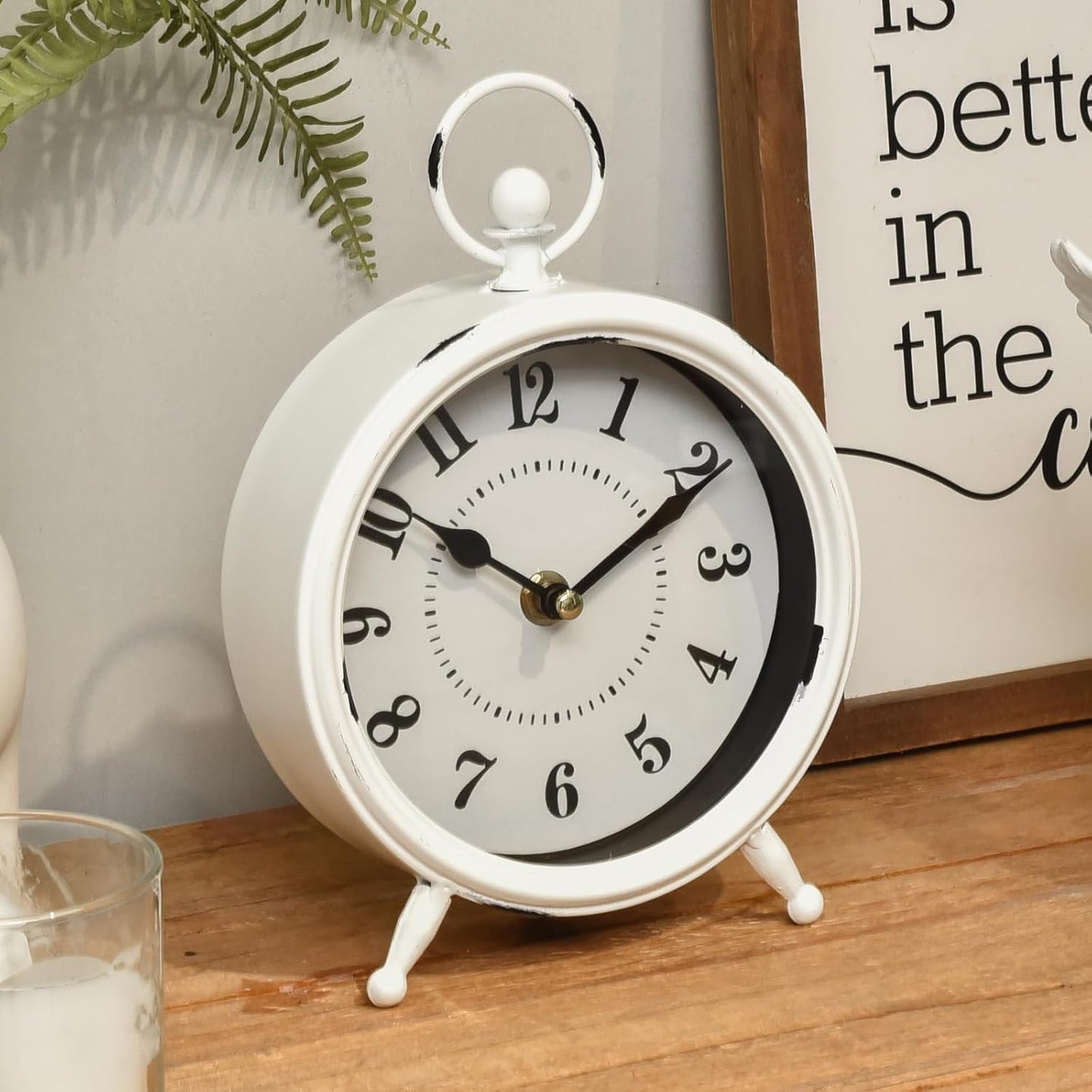 Small white table clock Vintage Rustic White Table Clock on Stand, Decorative Desk and Shelf Clock Farmhouse Mantel Clock Rustic Non-Ticking Clock
