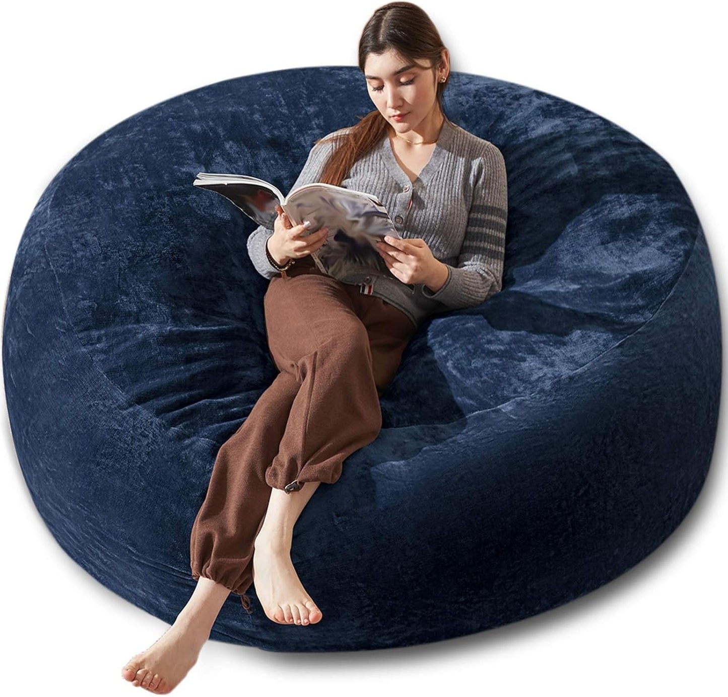 Bean Bag Chair 6Ft, Memory Foam Filled, Large Beanbag Chairs for Adults and Teens, Soft Sofa with Removable Flannel Cover, Round Couch for Living Room Bedroom College Dorm (Blue, 6FT-67×67"×24")