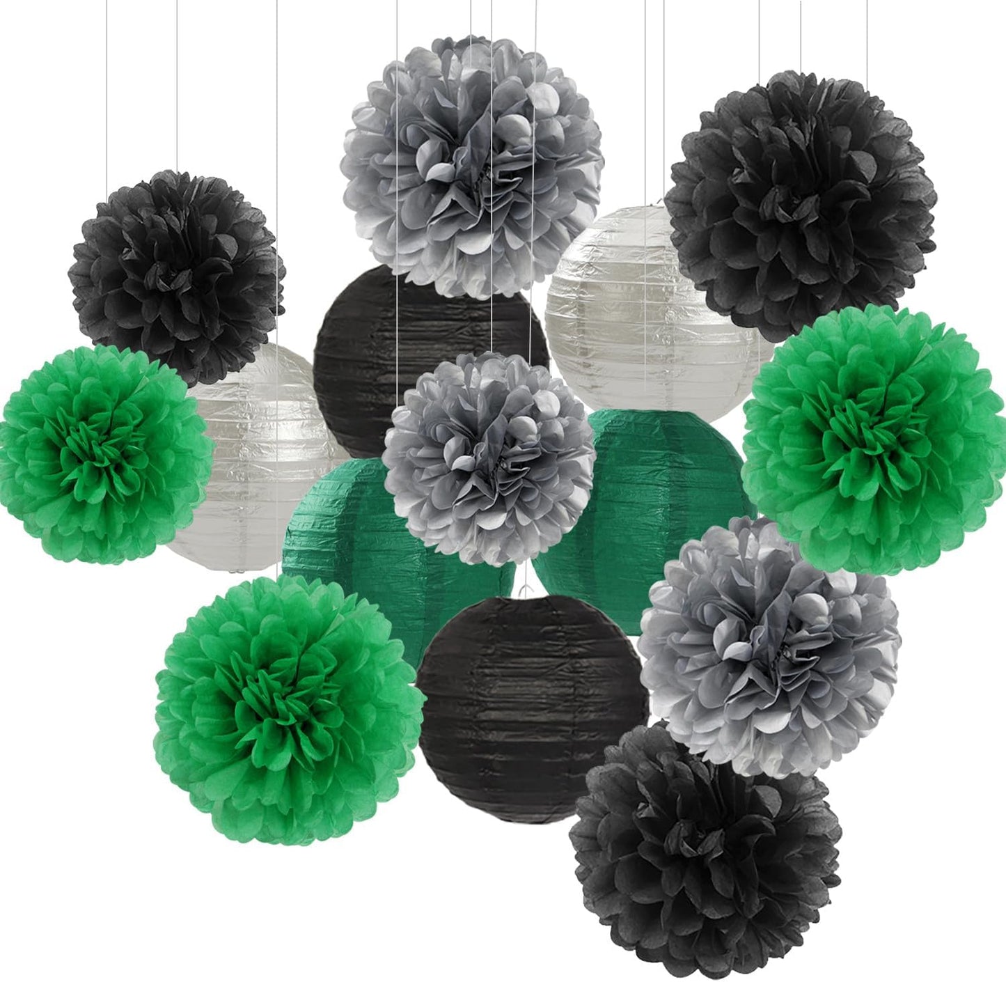 Green-Black Silver Party-Decorations Paper Flowers Lanterns - 15PCS Football Game Day Birthday Tissue Pom Poms Streamers, Bachelorette New Years Hanging Supplies Decor Hugfond