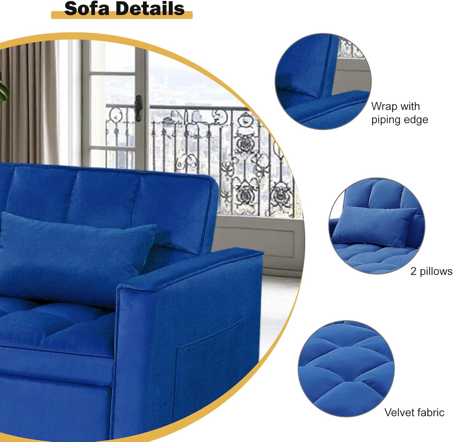 3 in 1 Sleeper Sofa Bed, Futon Sofa Bed for Living Room with Side Pocket, Blue Sleepers Sofas Couch with Pullout Beds, Convertible Love Seat Sleepers couch for Living Room, Bedroom, Small Space