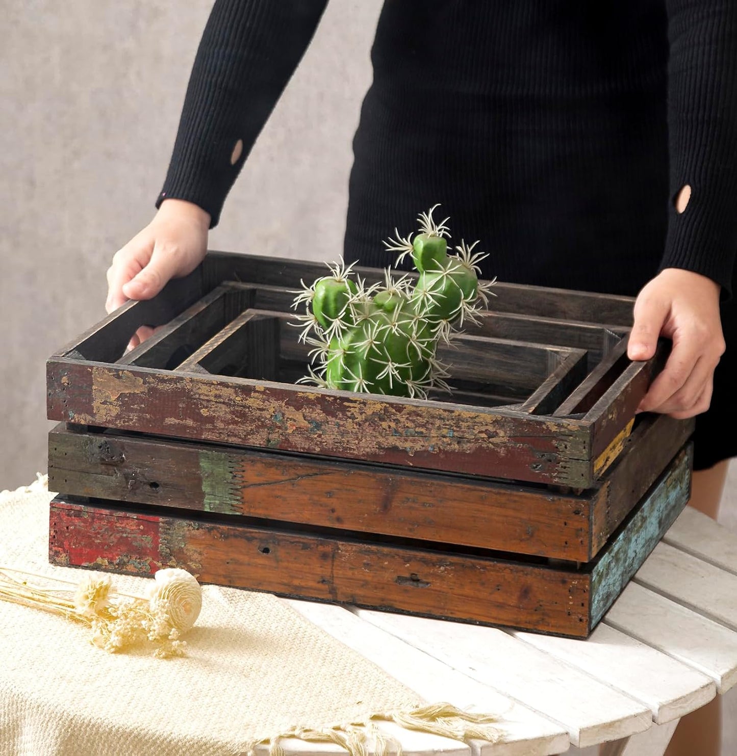 TIMRIS Set of 3 Rustic Distressed Wood Nesting Crates, Farmhouse Decorative Wooden Storage Boxes, Large Vintage Reclaimed Wood Baskets for Display (Random)