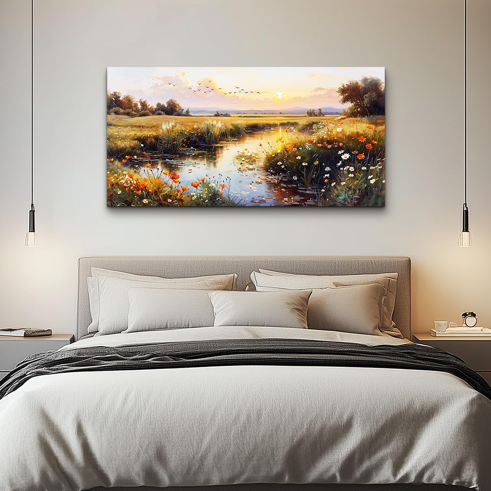 ZUITINGHUA Large Wall Decor For Living Room Canvas Wall Art For Office Modern Wall Decorations For Bedroom Rivers Landscape Painting Farmhouse Pictures Artwork Room Home Decor 24x48 In