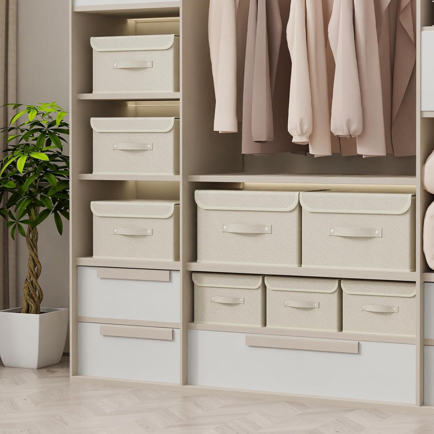 Storage Boxes, Collapsible Storage Bins with Lids, Cotton and linen cloth Storage Baskets with Handle, for Books, Closet, Bedroom, Home, 10.2x7.9x6.7 in, Grey and Beige