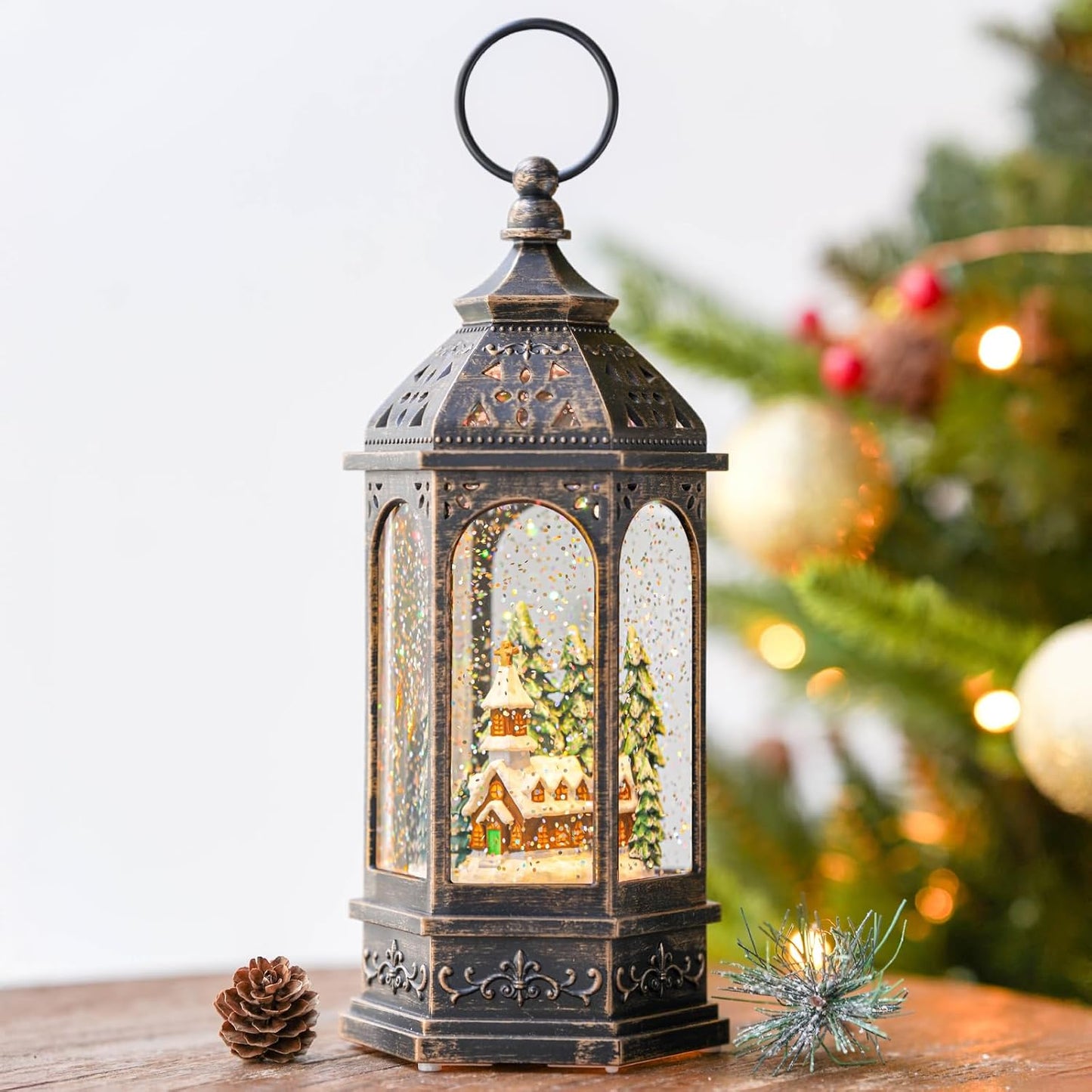 Christmas Snow Globe Lantern Lighted Holiday Village Church with Music& Timer, USB Lined/Battery Operated Lighted Lantern for Christmas Festival Decoration Gifts
