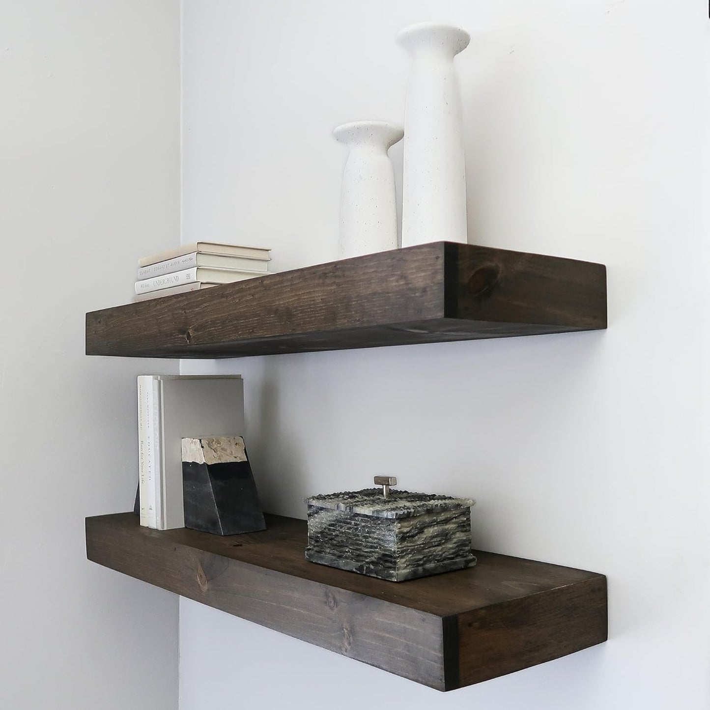 Modern Floating Shelves 3 Inches Thick for Wall, Wide Shelves for Kitchen, Living Room, Bedroom, and Bathroom, Natural Pine Wood, Rustic Wooden Shelf, (Set of 2) (Jacobean, 36Lx3Hx8D)