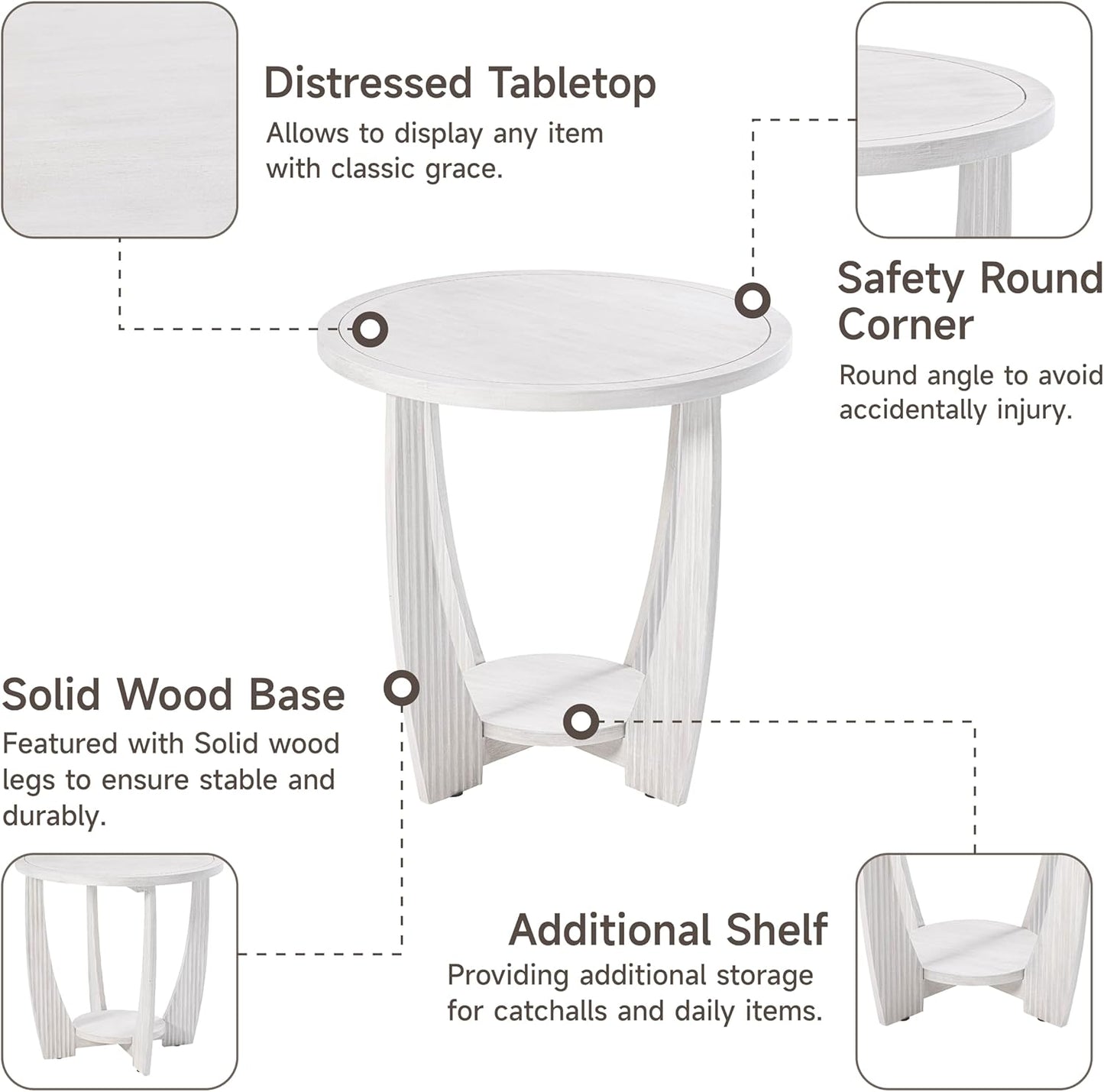 Rustic Farmhouse end Table with Storage Shelf, French Country Accent Side Table for Family, Dinning or Living Room, Small Spaces, Modern, Round, White