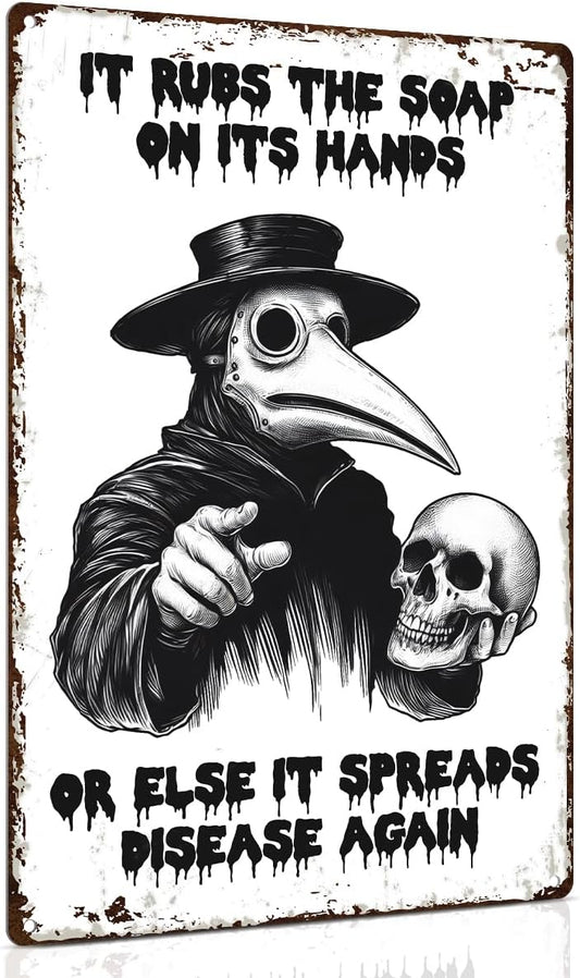 ALKB Halloween Bathroom Decor 8 x 12 Inch - Goth Plague Doctor Metal Tin Sign,Gothic Lovers Gifts,IT RUBS THE SOAP ON ITS HANDS