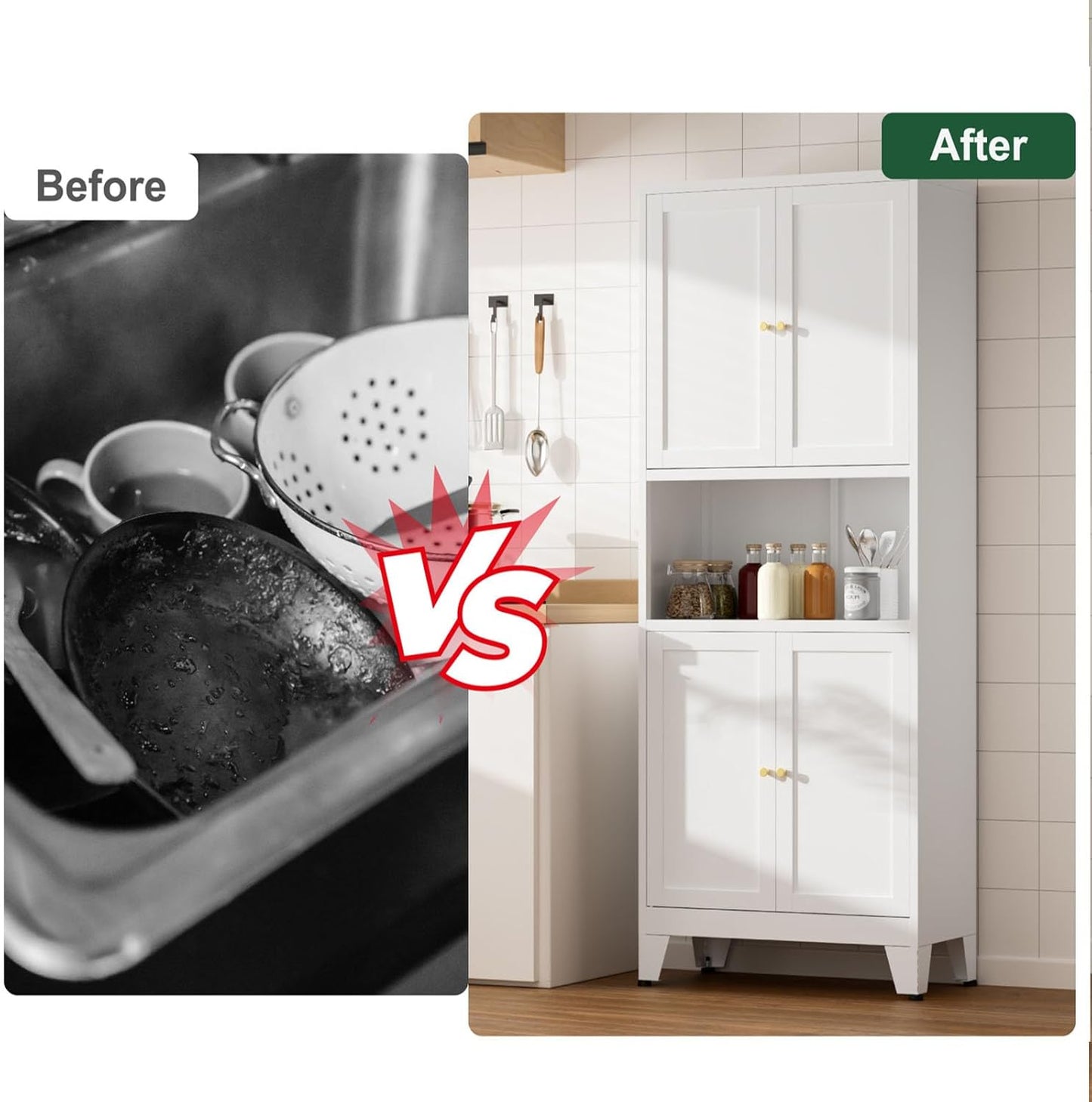 69" Tall Kitchen Pantry Cabinet, Metal Storage Cabinet with 4 Doors and Adjustbale Shelves, Freestanding Cupboards for Dining Room, Living Room, Bathroom