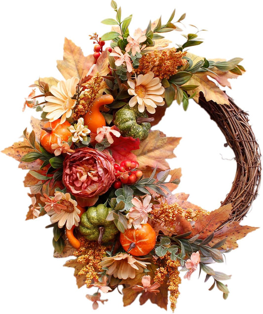 20Inch Fall Wreaths for Front Door,Fall Decorations for Home,Autumn Wreaths with Pumpkin Peony Sunflowers Berry Wreaths,Fall Door Wreath for Thanksgiving Halloween Farmhouse Home Outdoor Indoor Decor