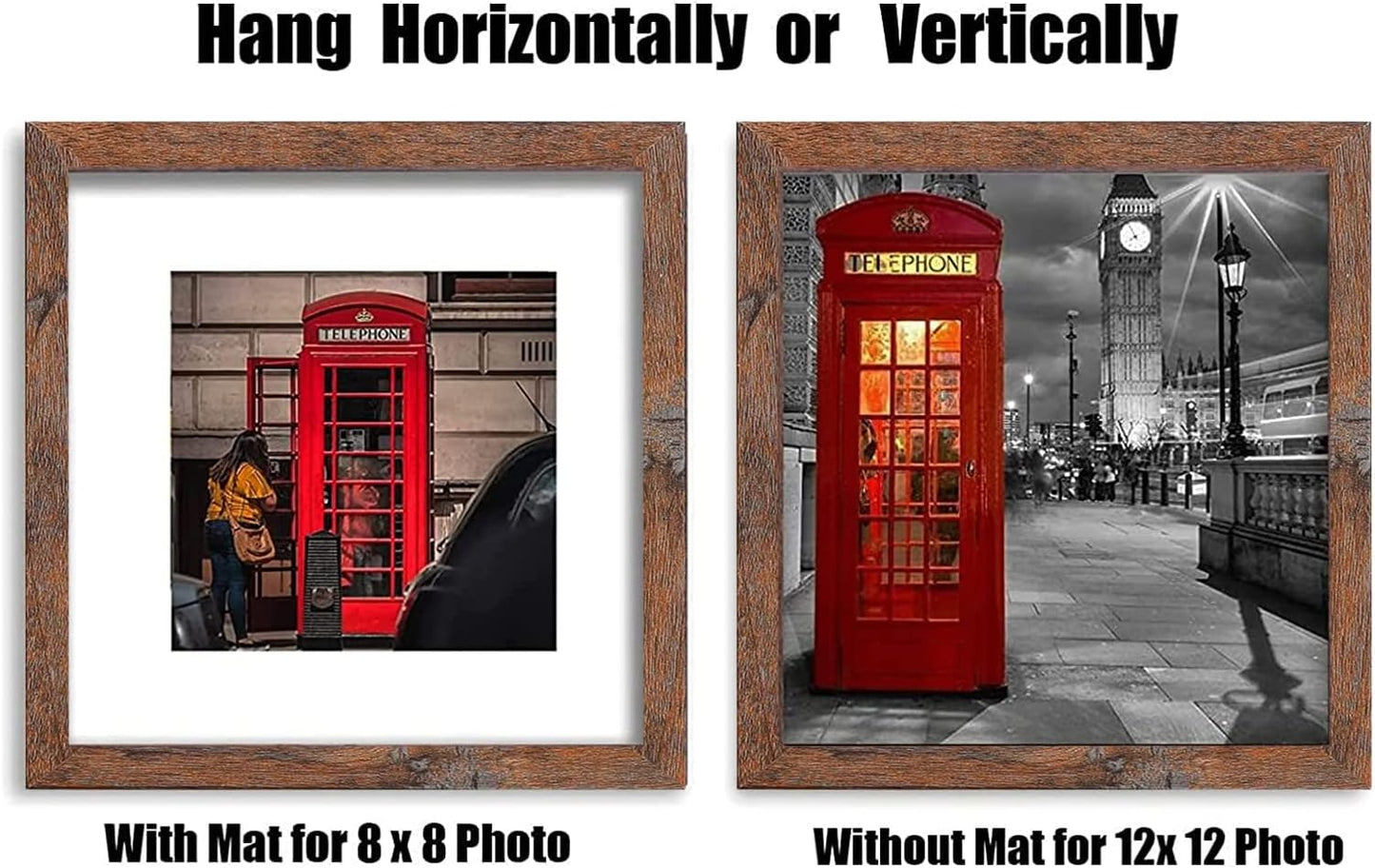 12x12 Picture Frame Set of 6, Display Pictures 8x8 with Mat or 12x12 Without Mat for Wall Mounting,Rustic Brown