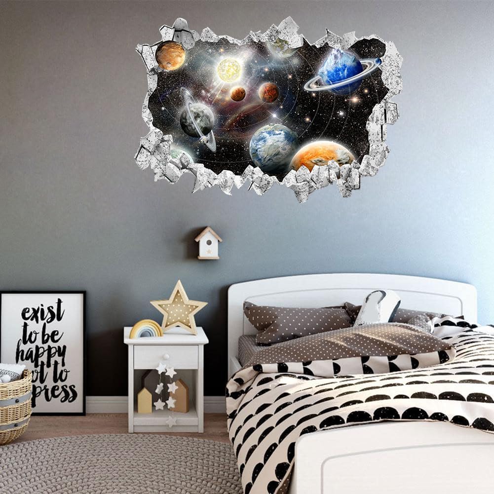Large 3D Space Galaxy Wall Stickers (33.5”x 23.2”), Solar System Vinyl Wall Decals, Removable Universe Outer Space Planet Wall Art for Kids Bedroom Playroom Decor